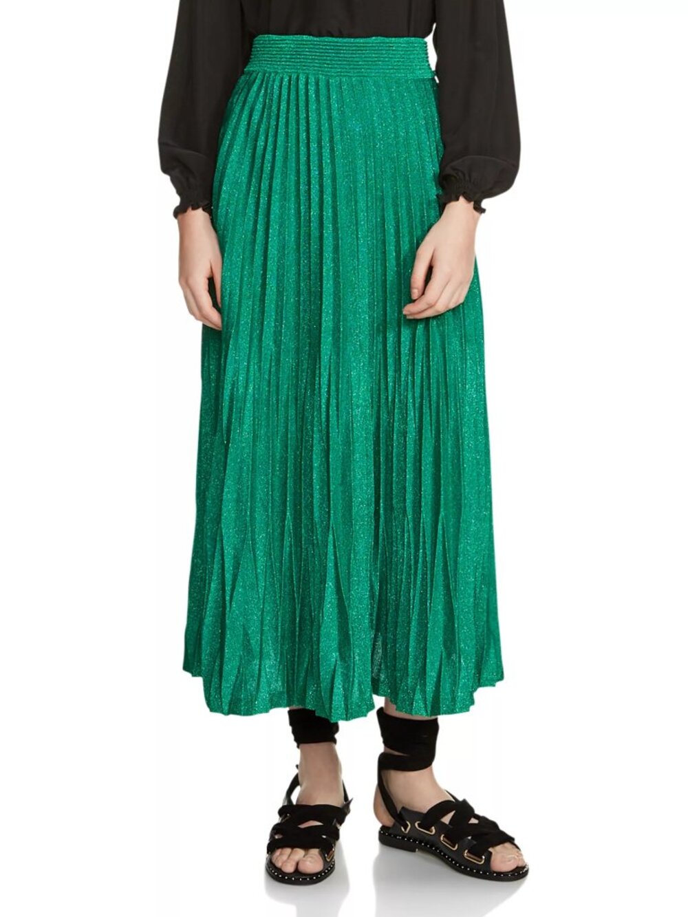 Maje Jupette Pleated Midi Skirt Green Lurex Knit Metallic Sparkling Elastic 1